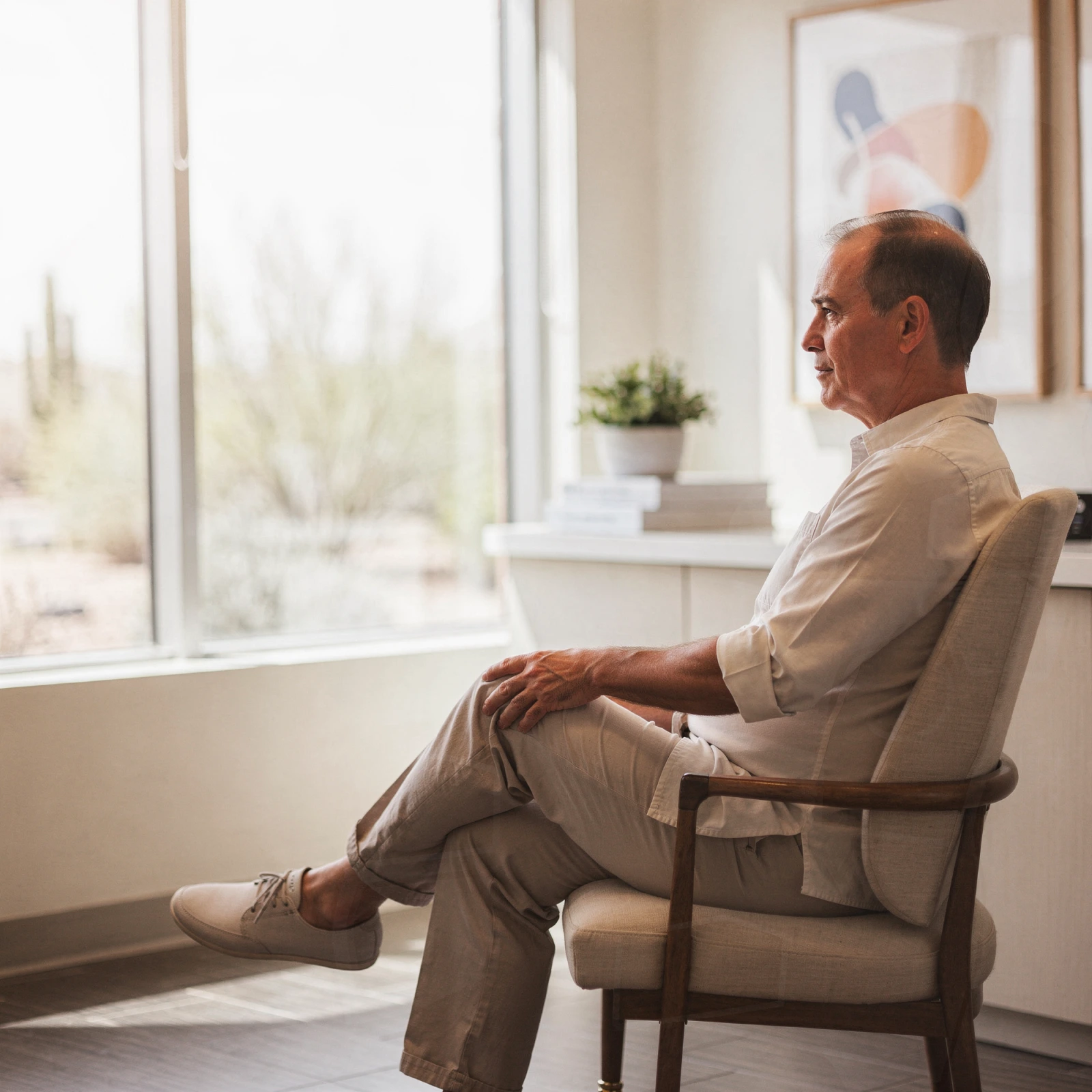 Man sitting in a chair by a sunny window in a bright medical office with anatomical artwork on the wall